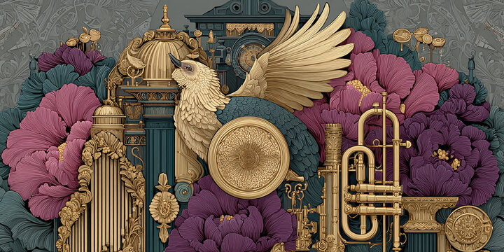 Decorative Illustration Featuring an Eagle, Musical Instruments, and Floral Elements in a Regal Arrangement