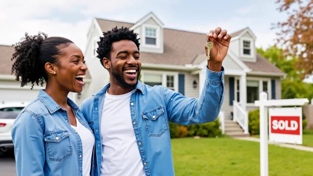 Black man and woman laughing, celebrating new home ownership, man holding keys in front of house. Real estate and new beginnings - Powered by Adobe