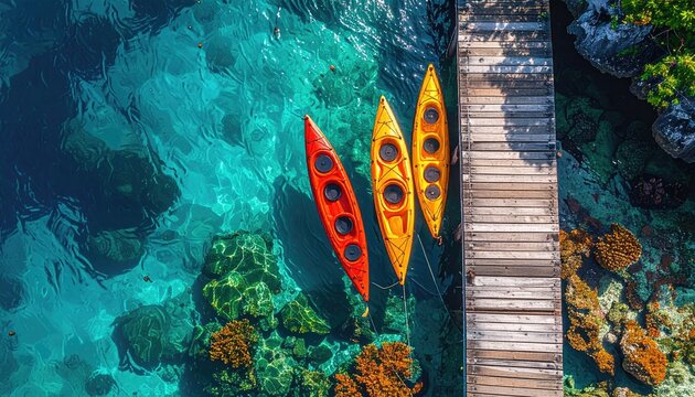 Three Kayaks Orange Red Yellow Moored To Wooden Pier Over Crystal Clear Turquoise Water With Coral Reef Below On Sunny Day Aerial View