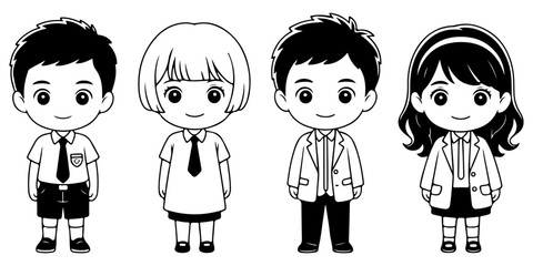 A diverse group of four cartoon children in school or smart casual attire. Two boys and two girls standing together as friends or classmates with pleasant expressions.