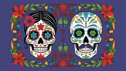 Vibrant Dia de los Muertos Sugar Skulls Couple Illustration with Traditional Floral Frame on Purple Background