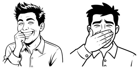 Two portraits of a man expressing different emotions. One shows him laughing happily, while the other shows him covering his mouth in shock or surprise. Retro comic art style.
