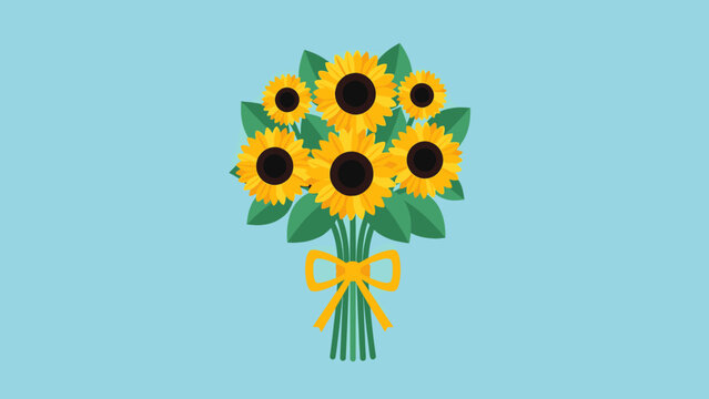 Vibrant flat design sunflower bouquet illustration with a yellow ribbon on a light blue background, symbolizing summer, happiness, and nature's bea...