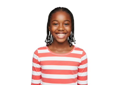 Joyful Young African American Girl with Braids and Beaded Hair, Smiling Broadly and Confidently in a Striped Shirt, Headshot Portrait, isolated on transparent background.