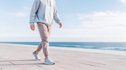 Man in sportswear walking along seaside promenade during golden hour for mindful fitness trend