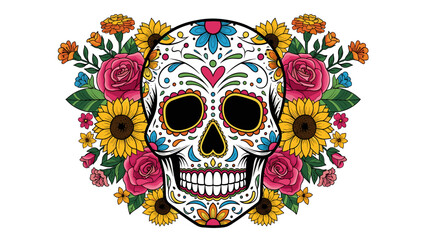 Vibrant Day of the Dead Sugar Skull with Colorful Mexican Flowers. Intricate Calavera Design Adorned with Roses, Sunflowers, and Marigolds for Cult...