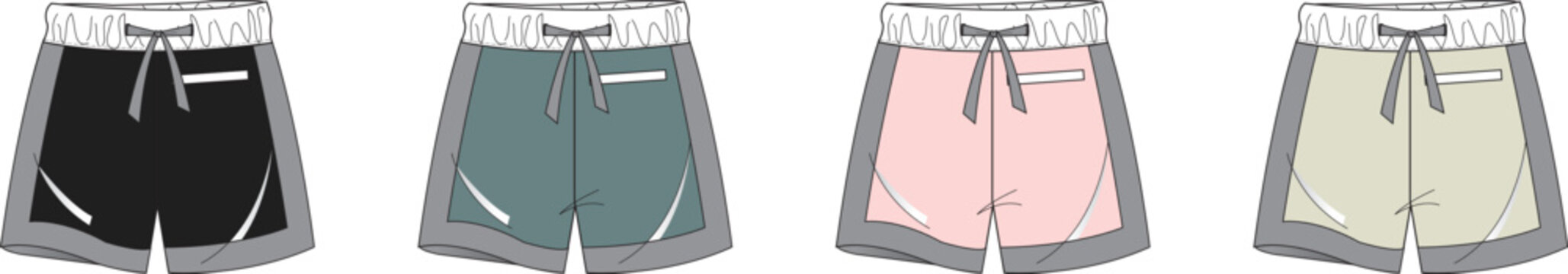 A set of men's athletic shorts presented as a technical flat fashion sketch. Vector apparel template for sportswear design in four color options