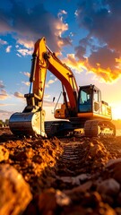 Excavator at sunset digging soil on a construction site with dramatic clouds in the background