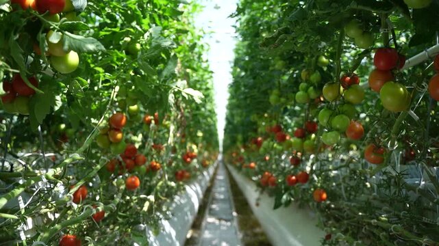 Long rows of tomato vines with red and green fruits in sunlit modern greenhouse