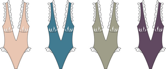 Collection of four one-piece swimsuits in different muted pastel shades, each featuring delicate lace trim