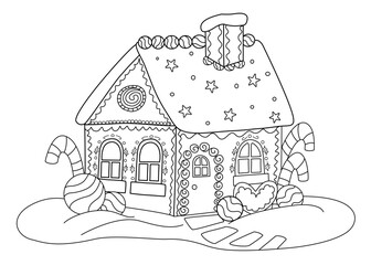 Ginger bread house decorated - coloring page for children. Simple vector design. 
