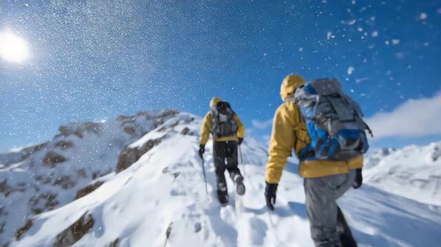 78Smiling hikers pausing on sunlit snowy slope, winter jackets and backpacks, bright sunlight creating glittering snow reflections, majestic mountains surrounding them