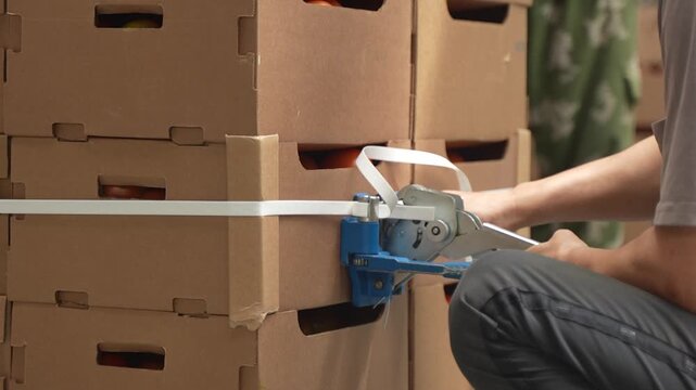 Worker secures stack of tomato boxes with strapping tool, preparing for shipment