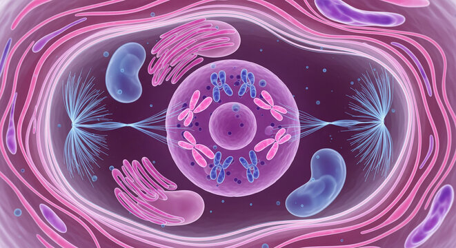 Detailed illustration of a eukaryotic cell undergoing mitosis, showcasing chromosomes aligning at the metaphase plate