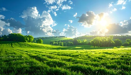 Lush green landscape under a bright blue sky with fluffy clouds and sunlight illuminating the fields