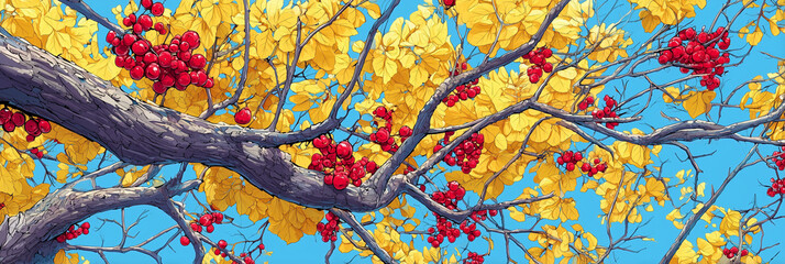 Autumn leaves on a blue sky background