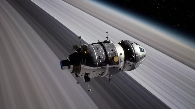 Spacecraft navigating celestial rings in outer space exploration