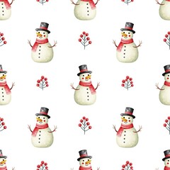 "Cozy Winter Forest - Cute Christmas Animal Collection." A festive seamless pattern featuring a cute white snowman with a red scarf and red berries on a white background.