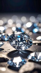 Fototapeta premium Close-up of a sparkling diamond surrounded by smaller gems, reflecting light in a luxurious setting