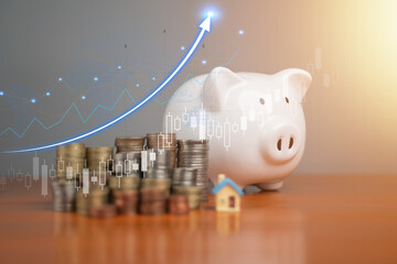 Coins are placed. Business model. Business success concept, wealth investing in stocks. Business is growing by leaps and bounds.