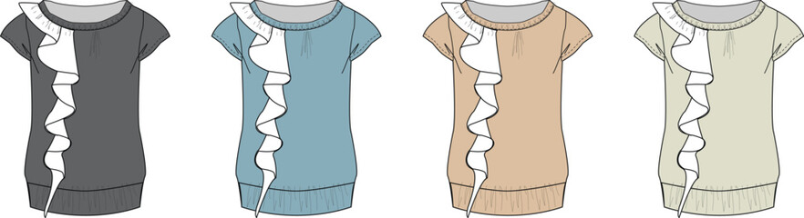 Vector illustration set of women's fashion tops with a side ruffle detail. Technical flat drawing template for apparel design and clothing production in four colorways