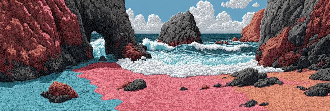 Beautiful beach scene with pink and blue sand, waves crashing against rocky cliffs, and a clear blue sky - Powered by Adobe