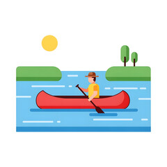 Man paddles a red canoe on a river with sun and green landscape isolated on transparent background