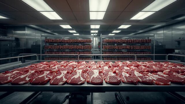 Large-scale meat processing facility with rows of fresh beef cuts arranged on stainless steel tables under bright industrial lighting
