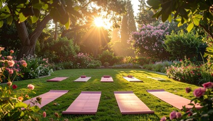 Yoga mats in garden with sunrise.