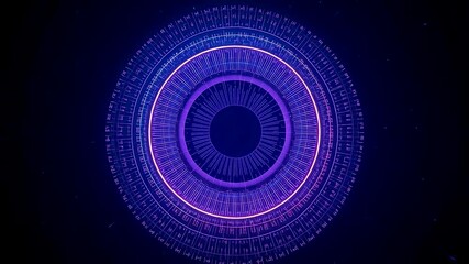 Abstract circular digital interface glowing in purple and blue tones with concentric layers creating futuristic technology design and symmetry - Powered by Adobe