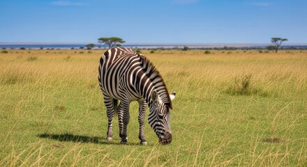 Naklejka premium Vibrant Striped Zebra Grazing Peacefully in Sun-Drenched African Savanna Under Clear Blue Sky.
