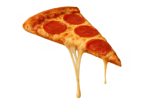 Pepperoni pizza slice with melted cheese stretching, fast food takeout or delivery, transparent background for easy use