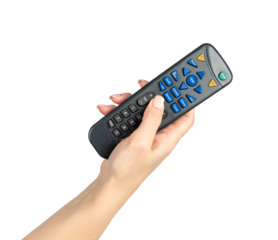 A woman’s hand holding a black remote control with blue keys on transparent background, representing television, cable, satellite signal, or home entertainment control.
