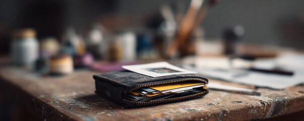 Closeup on a worn wallet overflowing with photos on a paintsplattered table in an artists studio. Evokes memories, creativity, nostalgia,  personal stories.
