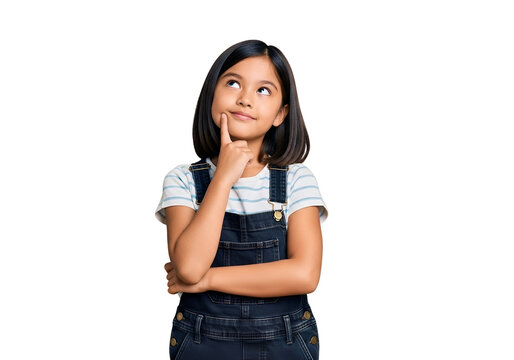 Adorable thoughtful young girl looking up, deep in thought with finger on chin, wearing denim overalls and a striped t-shirt, isolated on transparent background.