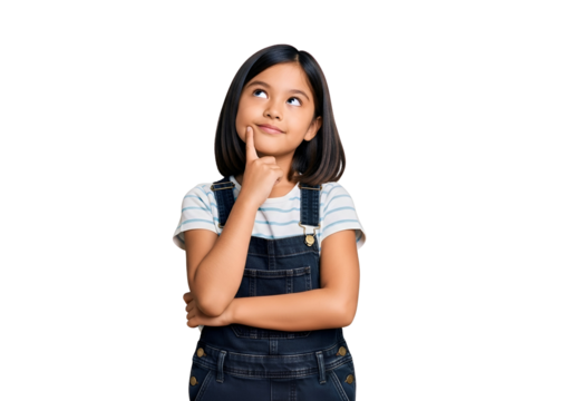 Adorable thoughtful young girl looking up, deep in thought with finger on chin, wearing denim overalls and a striped t-shirt, isolated on transparent background.