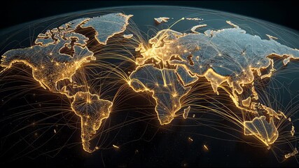Global Network Illumination: This captivating image presents a stylized visualization of the Earth, intricately mapped with a network of interconnected illuminated lines.