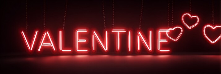 Stylish Valentine banner featuring glowing red neon letters and hanging heart lights against a dark background, perfect for romantic event invitations, love-themed designs, and social media campaigns.