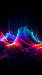 Vibrant abstract waveforms in neon colors create a dynamic visual experience against a dark background