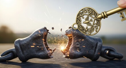 Unlocking Freedom - Ornate Key Shatters a Heavy Chain with a Golden Spark.