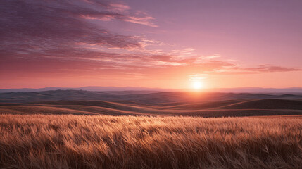 Golden wheat field at sunset. Tranquil rural scene with rolling hills and vibrant sky. Evokes peace, hope, and new beginnings. Ideal for travel, agriculture.