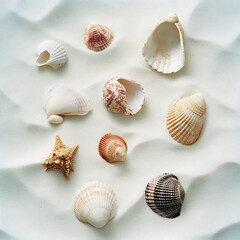 Assorted Seashells and Starfish on White Sandy Beach Background A Summer Still Life