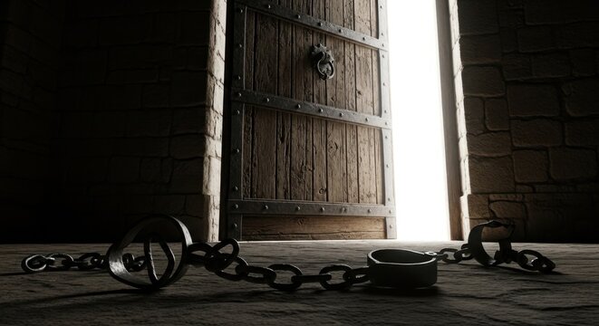 Shackles and Open Door - Symbolism of Freedom and Confinement, Dramatic Lighting.