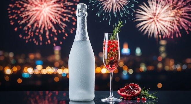 A glass and bottle of champagne against a backdrop of fireworks. New Year's Eve. Christmas.