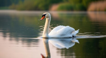 Obraz premium Elegant Swan Glides Serenely on Calm Lake, Reflected in Water, Soft Light.