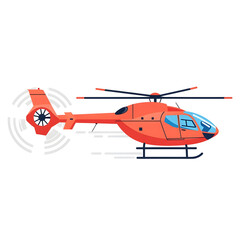 A red helicopter with spinning tail rotor isolated on transparent background