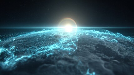 Futuristic digital landscape made of glowing blue particles flowing backward across the surface, showing abstract data, technology, network, virtual motion and AI-inspired sci-fi concept