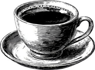 Vintage coffee cup engraved illustration black and white ceramic cup saucer