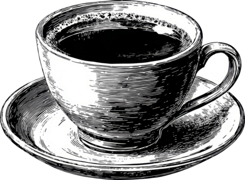 Vintage coffee cup engraved illustration black and white ceramic cup saucer