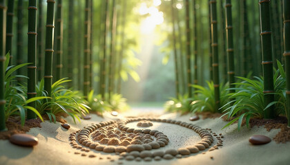 Zen garden with spiral stones in bamboo forest